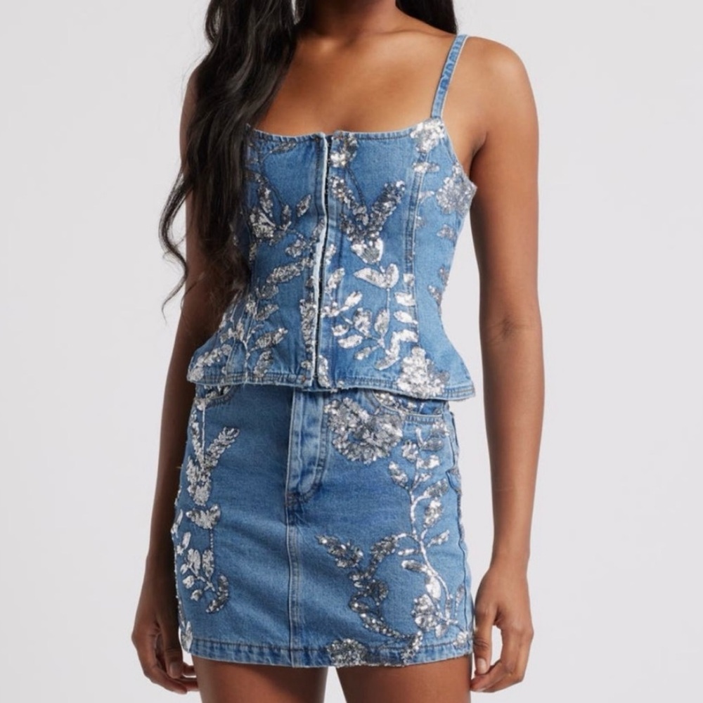 Nasty Gal Floral Sequin Denim Corset Camisole Authentic Denim 🤍